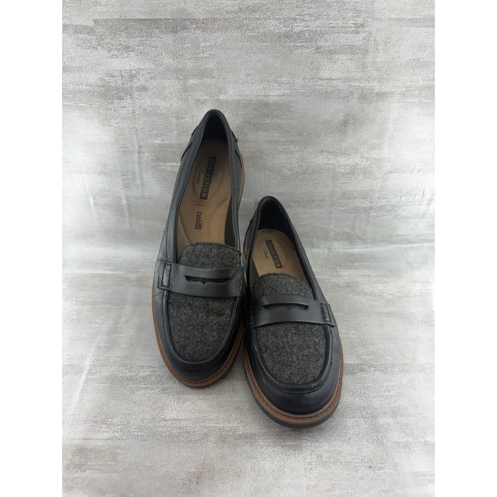Clarks Collection Women Black Leather Grey Fabric Penny Loafers Shoes Size 7M